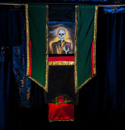 Scull Drinking Wine with Rose Acrylic painting 1ft by 9in within a tapestry extending it to 2ft 1in by 3ft by 7in